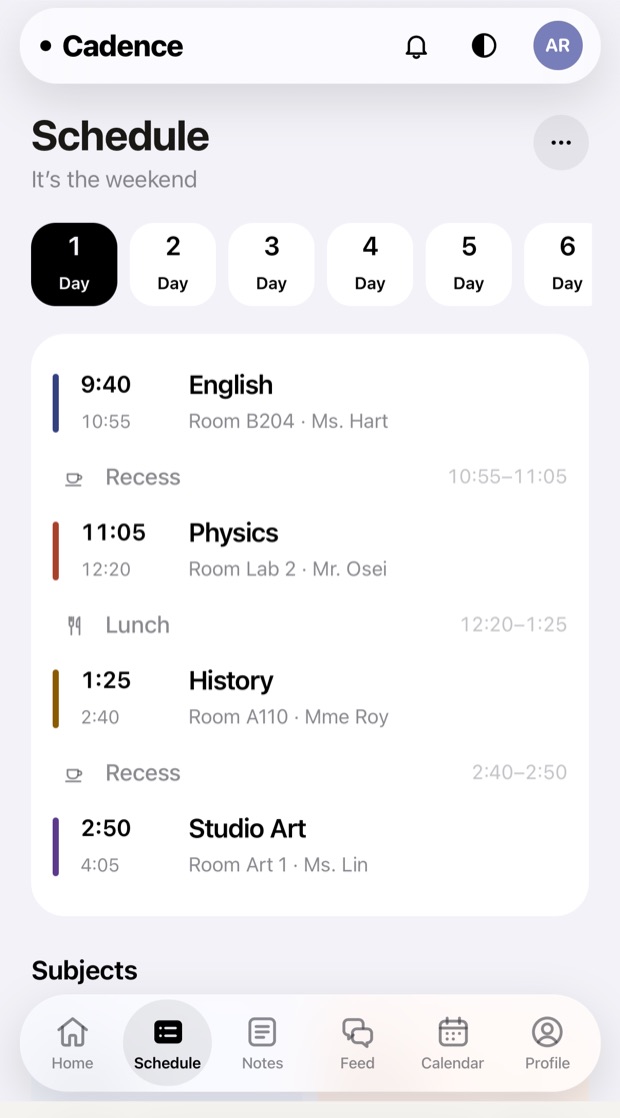 The day's timetable on Android, with rooms and teachers