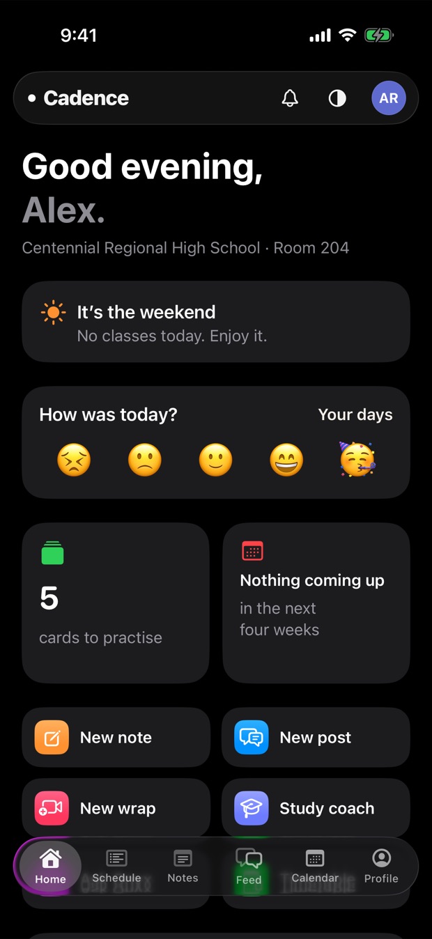 Cadence on iPhone: the greeting, how the day went, cards to practise and shortcuts